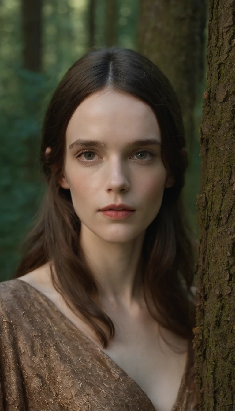 (Stacy Martin) "An extraordinary masterpiece, with intricate details, capturing the essence of absurdity (+1.2 creativity boost). A mesmerizing photo of a single girl, nestled in the depths of the dark forest. She stands by a crackling bonfire, dressed in a brown midi wrap dress."