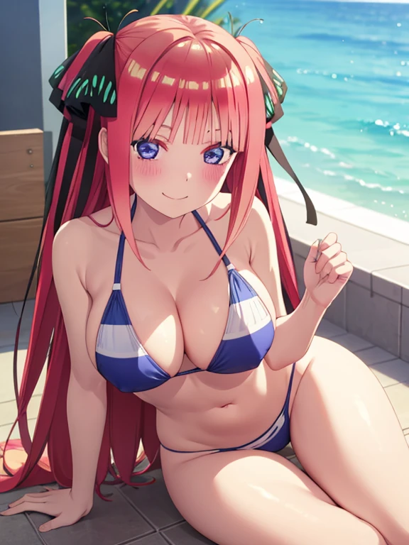 best quality, ultra-detailed masterpiece, nino nakano, large breasts, blush, smile, bikini swimsuit, legs focus