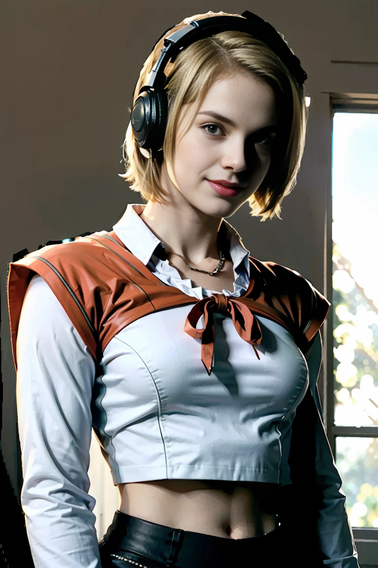 Young woman, Superhero, superhuman physique, powergirl, Long pale blonde hair, pale skin, and brown eyes, white button-up sleeveless blouse with a plaid red-and-white ribbon around the collar, wired white headphones, midriff, muscular, powergirl, cape, boob window, , toned arms, light smile, muscular, , wink,