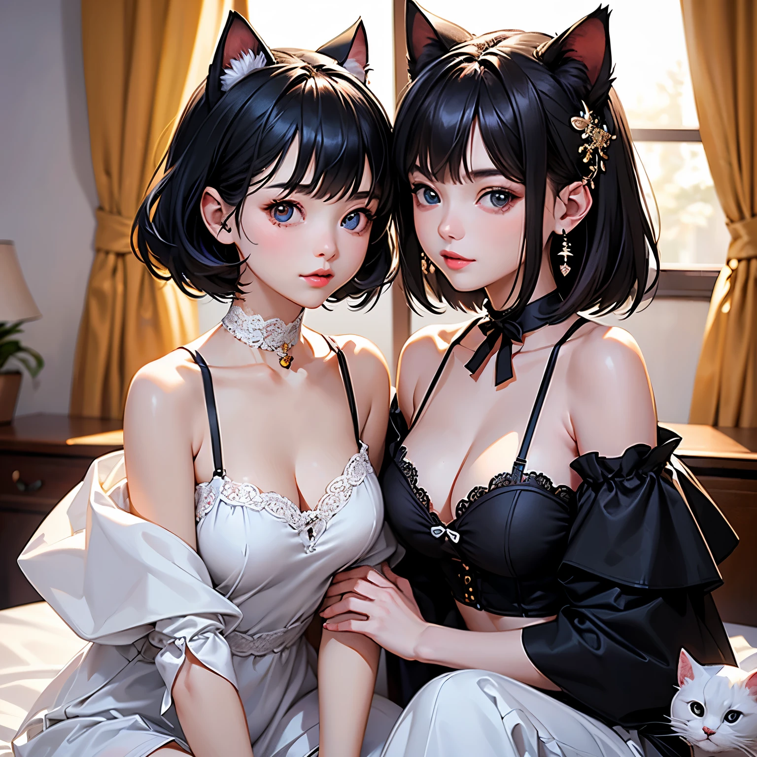 (highest quality, masterpiece, High resolution)、4K Anime Art、(Two Girls)、whole body、 (Detailed depiction of a cute face)、Black Hair、Short Hair、semi-long、Bobcut、Hair Bun、hair ornaments、(Cat ear)、Black Cat Costume、White Cat Costume、choker、(lingerie)、Off the shoulder、sexy mini dress、Captivating smile、Small breasts、(Kiss each other)、Cinematic Light、Soft Light、(indoor、dim、lamp)、((Blank background))、