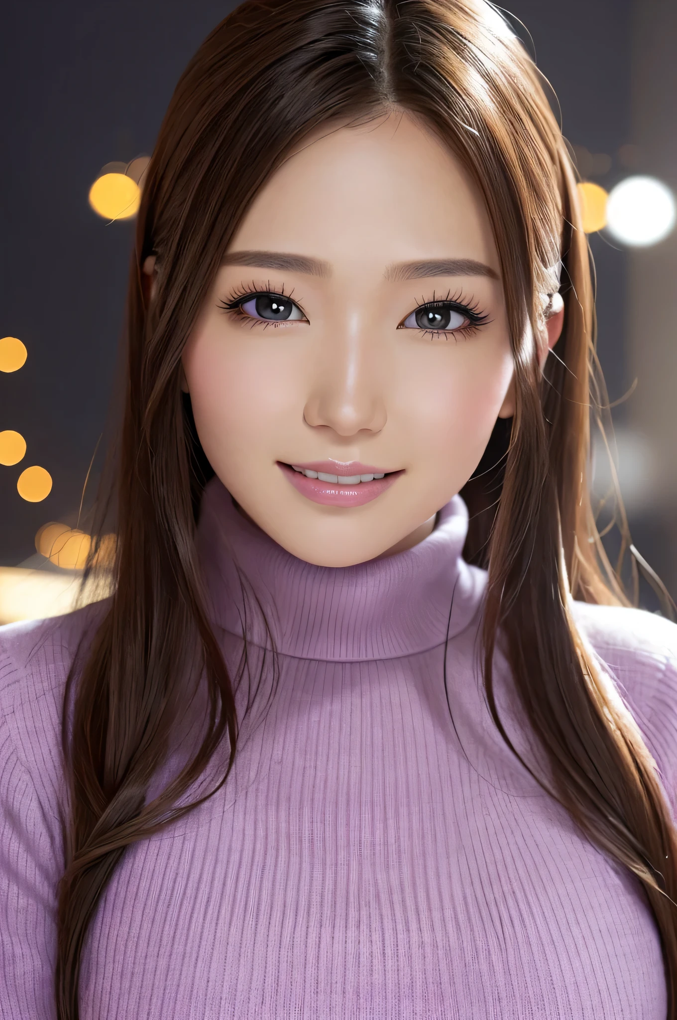 (table top、highest quality、8k、Award-winning work、ultra high resolution)、one beautiful woman、(Turtleneck long knitted sweater dress and thick fur coat:1.2)、Exactly、brown hair、(The most natural and accurate pink long scarf:1.2)、Very long wavy hair、epic movie lighting、(romantic love feeling:1.1)、(The most romantic and moody atmosphere:1.1)、winter、snow scene、snowing、Norwegian city covered in snow、look at me、(Big breasts that are about to explode:1.1)、(Most emphasize the body line:1.1)、very long hair、blurred background、accurate anatomy、ultra high definition hair、Perfect and beautiful teeth in ultra high resolution、Ultra high definition beauty face、ultra high definition hair、Super high-definition sparkling eyes、Shining, ultra high-resolution beautiful skin、ultra high resolutionの艶やかな唇、(close up of face:1.3)