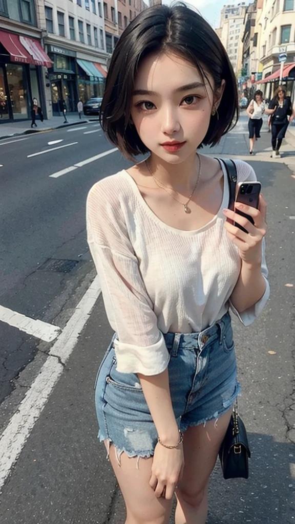 Beautiful woman, Playing with your phone in the middle of the street, Short clothes