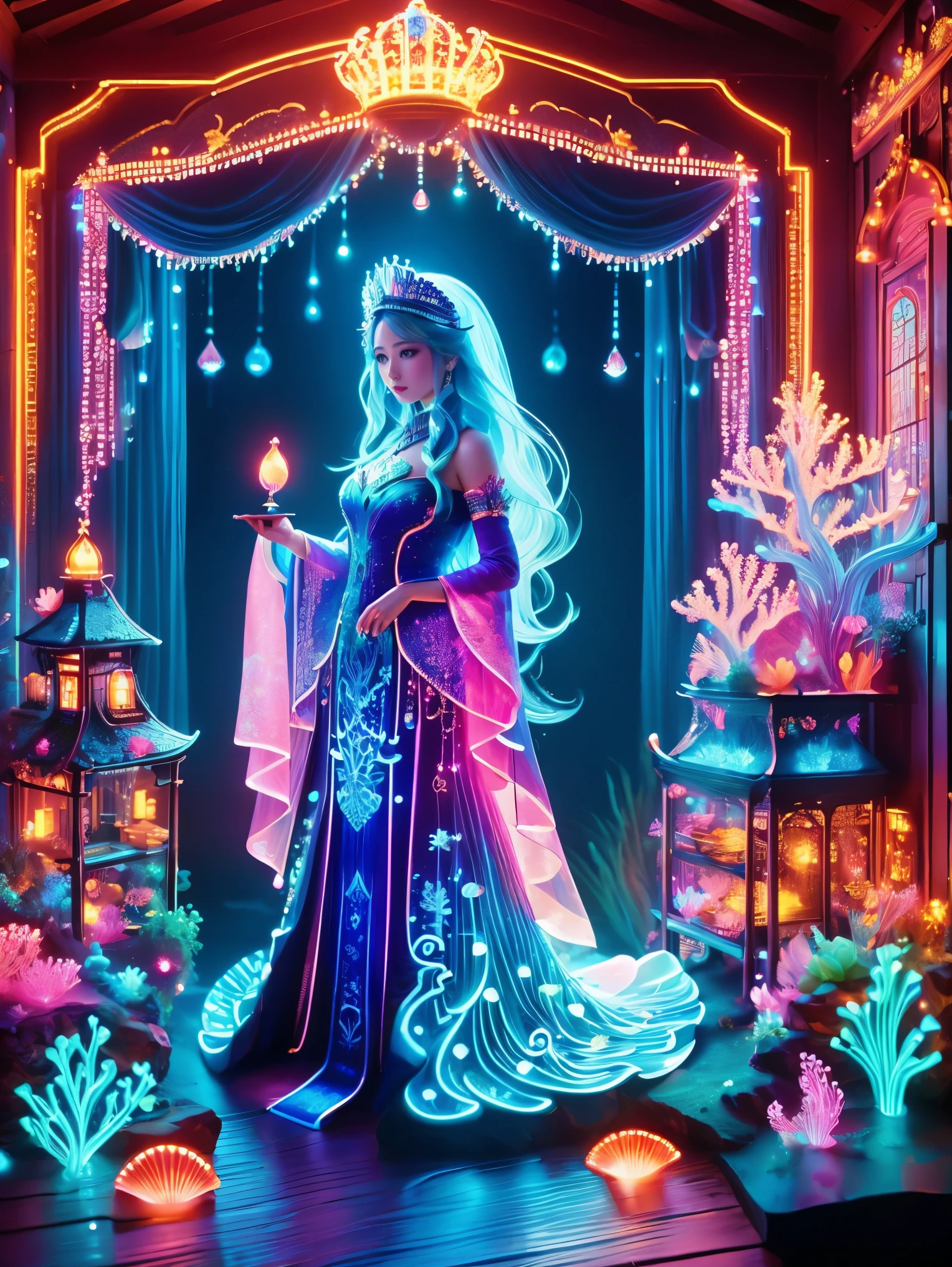 (Neon)，Circuit Board，Underwater castle, Glowing coral, Aquatic plants, Elegant fish, Vibrant colors, (Brightly lit, illuminate), Scenes, central, Gorgeous shell throne, Exquisite mermaid queen, Delicate face, Decorated with pearl and shell jewelry, Loyal subjects, Dolphin pulling cart, Castle Palace，这个神奇的Scenes充满了奇幻世界的精髓, Fine fractal，smooth，vivid，Color ink，sketch，Shiny silhouette，(Ultra HD, masterpiece, precise, Anatomically correct, textured skin, High Detail, high quality, The award-winning, 8k), Super detailed, (1.4 times more realism)