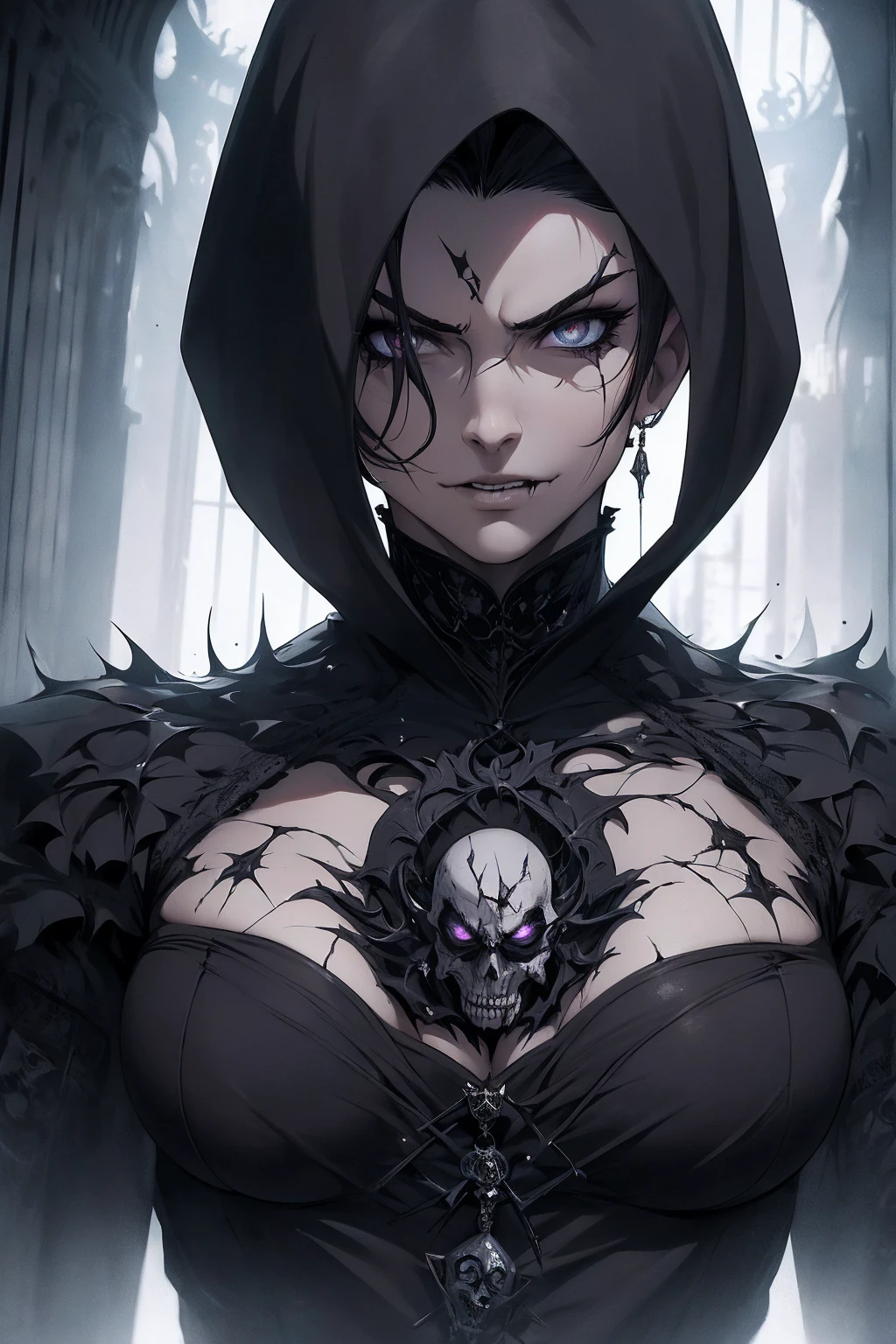 {-erro_de_anatomia:1.0} The Punisher, Nightmare before Christmas style, (masterpiece, best quality), (perfect hands), (hyper-realistic:1.6), (detailed face), (award-winning), (sharp), (8k resolution), (cinematic lighting), colors: dark and gloomy, (haunting), (intense expression), (detailed skull emblem), (eerie atmosphere), (comic book vibe),(gritty), (dramatic shadows), (dynamic pose), (ominous vibe), (artistically rendered), (sinister), (captivating), (gothic), (mysterious settinoody color palette), (expertly painted), (uneasy feeling), (intricate detailing), (sinister smile), (foreboding), (captivating eyes), (horror elements), (captivating composition), (impressive ???????),(striking contrast), (foreboding mood), (exquisite craftsmanship), (intriguing character design), (nun), classic nun wear,  brown eyes,