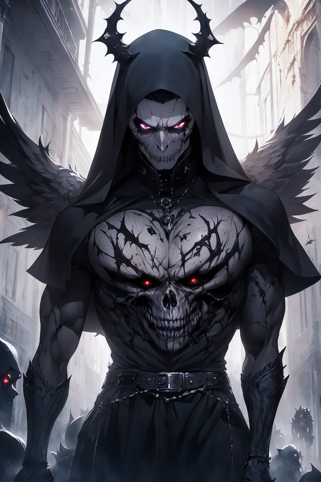 {-erro_de_anatomia:1.0} The Punisher, Nightmare before Christmas style, (masterpiece, best quality), (perfect hands), (hyper-realistic:1.6), (detailed face), (award-winning), (sharp), (8k resolution), (cinematic lighting), colors: dark and gloomy, (haunting), (intense expression), (detailed skull emblem), (eerie atmosphere), (comic book vibe),(gritty), (dramatic shadows), (dynamic pose), (ominous vibe), (artistically rendered), (sinister), (captivating), (gothic), (mysterious settinoody color palette), (expertly painted), (uneasy feeling), (intricate detailing), (sinister smile), (foreboding), (captivating eyes), (horror elements), (captivating composition), (impressive anatomy),(striking contrast), (foreboding mood), (exquisite craftsmanship), (intriguing character design), (nun), classic nun wear, brown eyes,