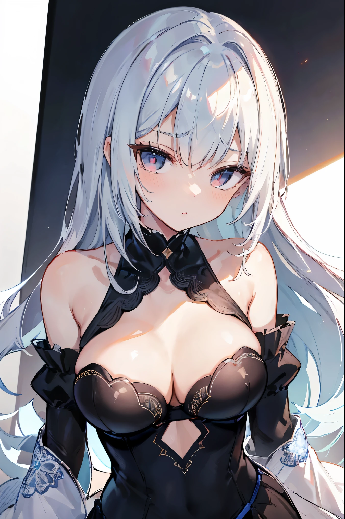 1girl, anime, cute girl, blank background, white background, fantasy, detailed fantasy dress with highlights, beautiful face, beautiful eyes, dark colors, black hair with multicolor streaks, red eye with different color pupil in eye, multicolor eye, medium breasts, slight cleavage, beautiful skin, cute, breast curtains, extremely delicate and beautiful, (beautiful detailed face:1.0), (detailed deep eyes), symmetrical breasts, deep eyes, shiny skin, portrait, slender waist, hips wider than shoulders, thighs, expressionless, young girl, luminous eyes, adorable，（Kpop idol）,（aegyo sal：1），（Platinum blonde hair：1），（（puffy eye）），Black panty，sexy posture，Superskirt, Ultra-high resolution，Black collar，slim figure, Abdominal y tattoo, womb tattoo，Tight-fitting leg ring，y tattoo on half-body，Bare skin, Armored hand，Hidden fingertips，Hand covered，Arm covered，Fist covered,{{beautiful detailed fingers}}, tufts of hair, moderate beautiful breast:1.0,(masterpiece:1.2), best quality, high-res, HDR, perfect face, intricate armor, delicate blue filigree, intricate filigree, red metalic parts, detailed part, dynamic pose, dynamic lights, cute face, neutral expression, shuimobysim, lotus, hanfu, maxi skirt, dress conservatively 1girl, solo, long blue hair, standing, 