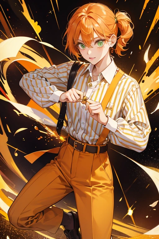 Anxiety appeared as an orange emotion with her weird-anxiety hairstyle of the same color and jade green eyes, orange and white-striped long-sleeved shirt, brown pants attached by a black belt with a gold buckle, and brown shoes. SPARKLE; GLITTER