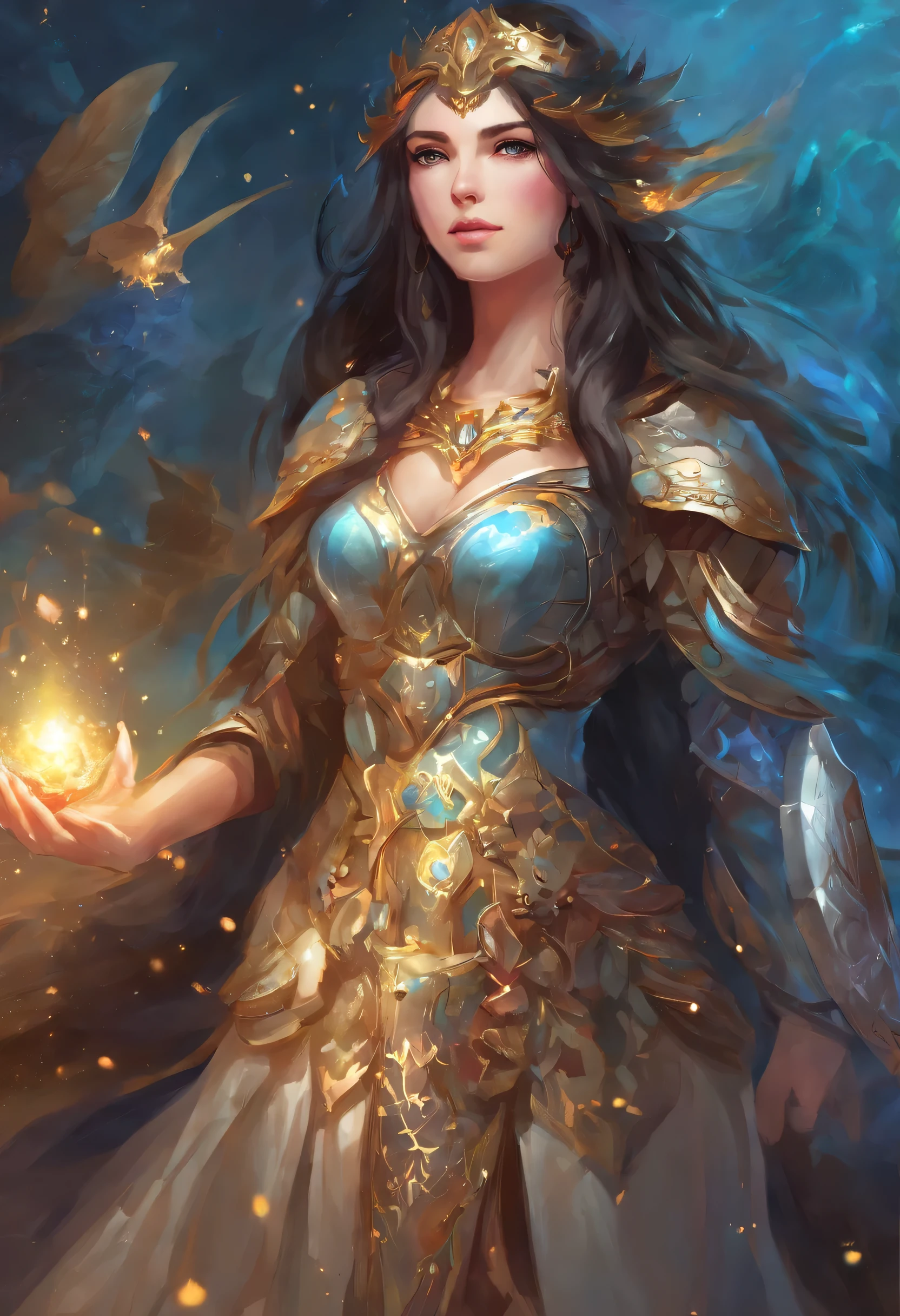 1girl, armor, black_hair, blurry, blurry_background, blurry_foreground, breasts, blue_eyes, closed_mouth, depth_of_field, earrings, jewelry, long_hair, looking_at_viewer, smile, solo, upper_body