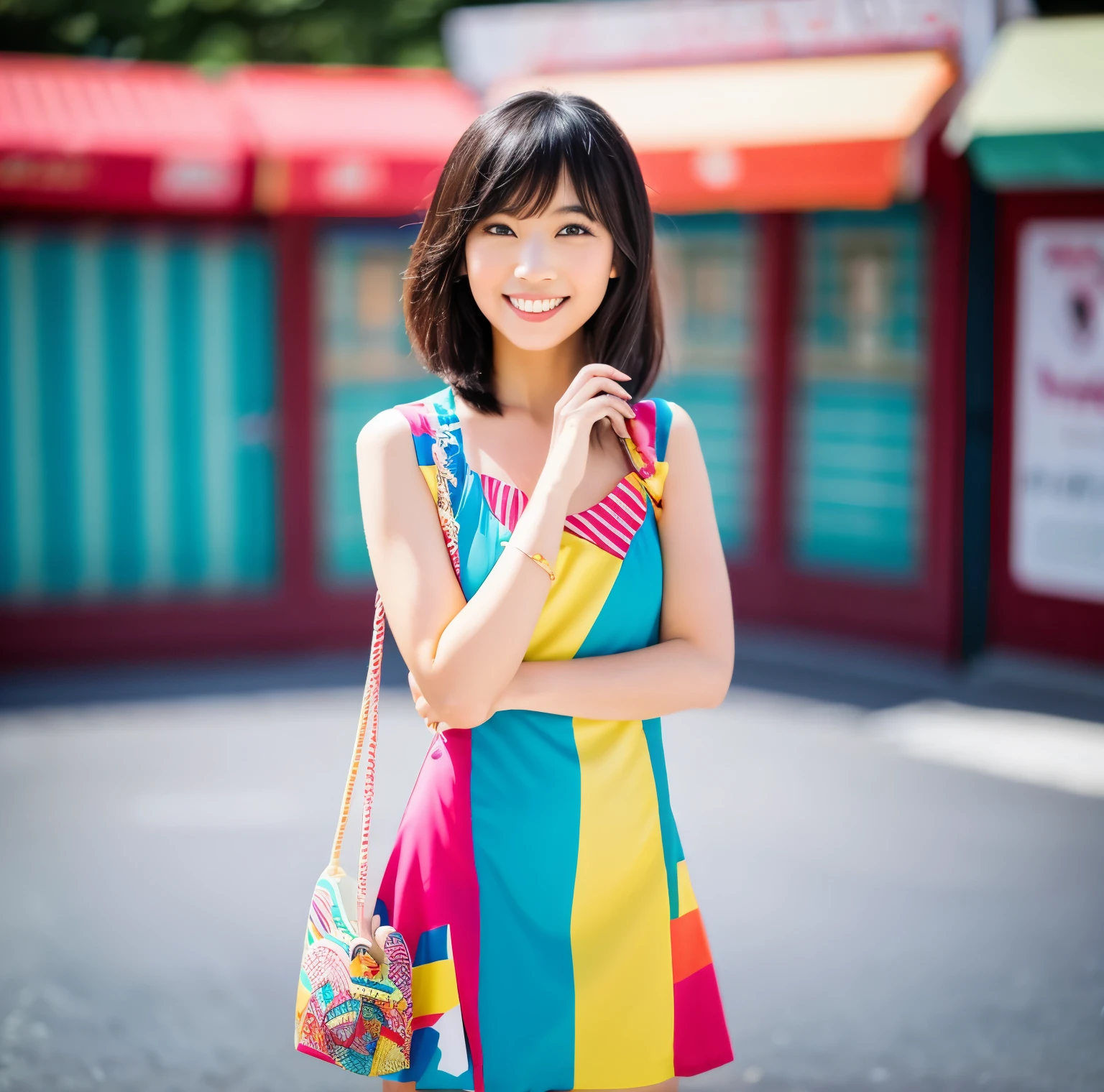 araffe asian woman in a colorful dress posing for a picture, shot in canon 50mm f/1.2, shot on canon eos r 5, shot on canon eos r5, taken with canon eos 5 d mark iv, captured on canon eos r 6, taken with canon eos 5 d, chiho, 8k 50mm iso 10