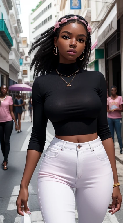 ultra realistic photo, full body, best quality, master piece, black woman inspired by Barbie, black skin, beautiful face, wearing jeans: 0.91 and white top, soft realistic skin, ultra realistic skin, pastel neon, dynamic lighting, in a street in Rio de Janeiro, (dynamic pose:1.10), (good composition:1.10), (subtle lighting:1.10), (Awarded:1.10), ((breathtaking:1.10:1.35)), ( πrima-work :1.10), (highly detailed skin:1.2), (filmic grain:0.04), particle effects, __camera shot_Models/sigma__, NEWS TYPE, speed lines, (perfect beautiful young face:1.10), (Pink :1.10)