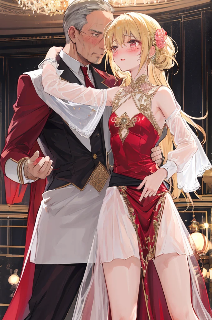 A man,(Mature man),Gorgeous red Rococo dance dress,blonde,Exquisite,(transparent),(See-through clothes),flat chest,Showing belly,(Blush:1.2),Fear,Tears,Prom,Dancing show,