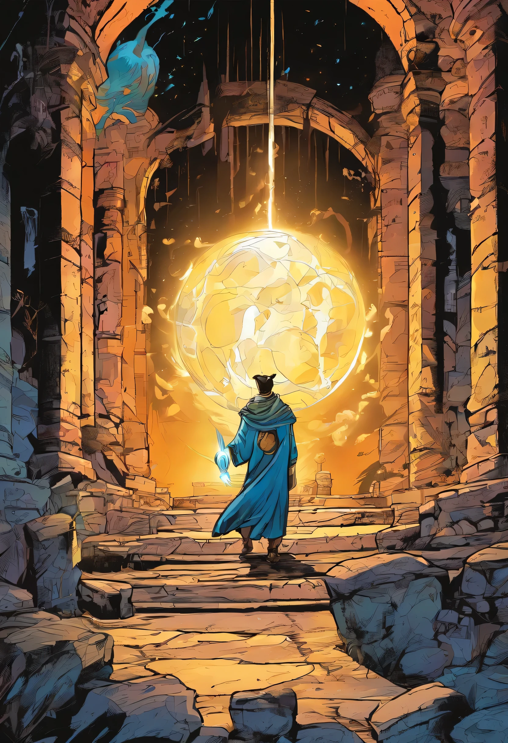 Young sorcerer with ball of light in hand floating and shining, in the ruins