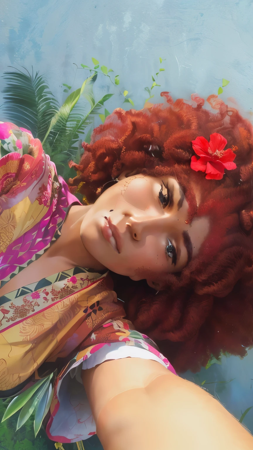 There is a woman with a red flower in her hair, flor vermelha gigante afro, justina blakeney, afro vermelho, com afro, big afro vermelho, afro feito de flores, Afro head of giant red carnation, pretty samurai com afro, imagem de avatar, profile picture with headshot, fotografia de retrato, com cabelo ruivo cacheado, afro encaracolado, cabelo ruivo cacheado