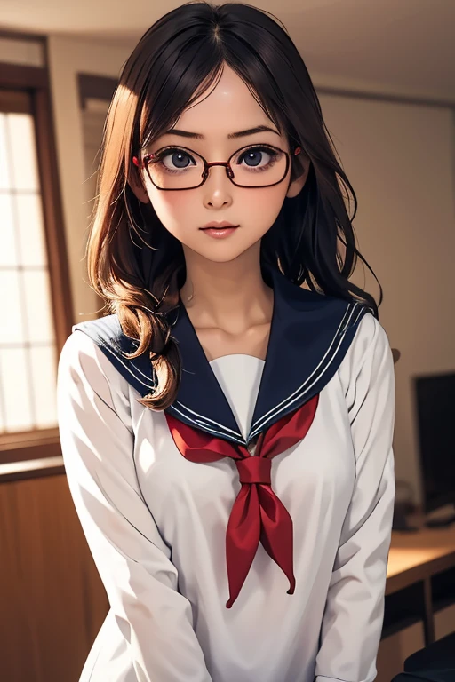 (masterpiece, highest quality), One Girl, Satou, Satou, Glasses, 赤いフレームのGlasses, Sailor suit, Satou, Glasses, 赤いフレームのGlasses, Head to Chest,