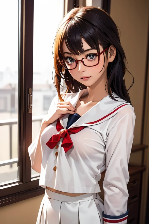 (masterpiece, highest quality), One Girl,  Satou, Satou, Glasses, 赤いフレームのGlasses, Sailor suit, Satou, Glasses, 赤いフレームのGlasses, Head to Chest,