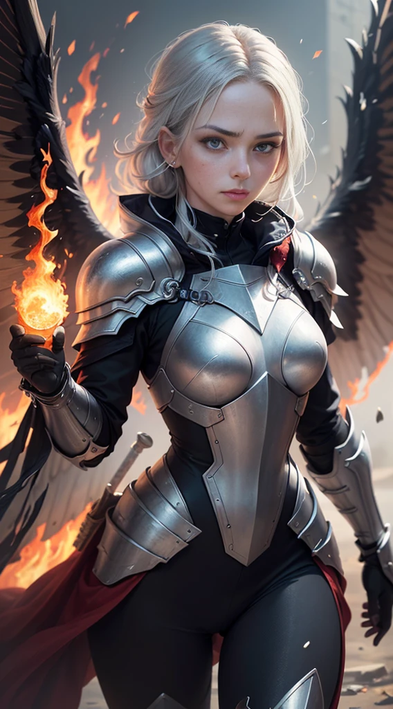 ((Ultra-fine illustrations, 8k, masterpiece :1.2, Sharp focus :1.2, Depth of written boundary:1.2)), Beautiful female swordsman, Disorganized, Highly detailed face and skin texture, Silver Hair, Jet Black Armor, Flame Armor, Cloak on Fire, Flaming Sword, Wings of Fire, Determination to overcome sadness, There&#39;s a sign of determination in your gentle eyes , Strong Soul、Full Body Shot
