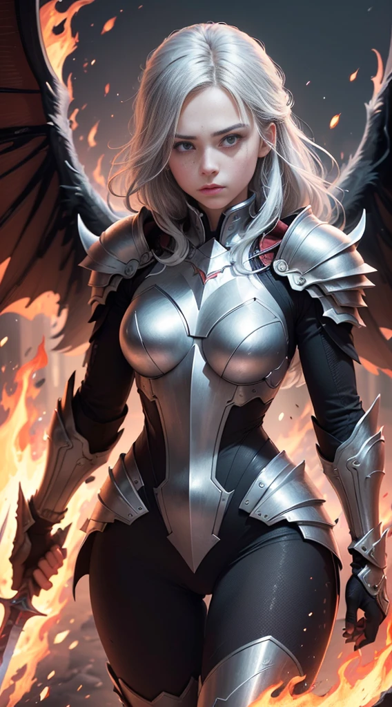 ((Ultra-fine illustrations, 8k, masterpiece :1.2, Sharp focus :1.2, Depth of written boundary:1.2)), Beautiful female swordsman, Disorganized, Highly detailed face and skin texture, Silver Hair, Jet Black Armor, Flame Armor, Cloak on Fire, Flaming Sword, Wings of Fire, Determination to overcome sadness, There&#39;s a sign of determination in your gentle eyes , Strong Soul、Full Body Shot