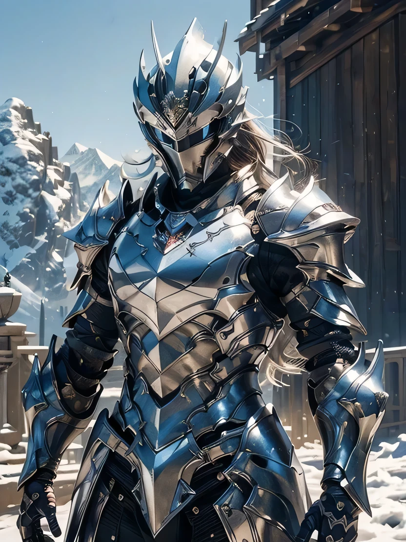 ((masterpiece、highest quality、Very detailed、High resolution、Photorealistic、Sharp focus、Cinema Lighting))、(One beautiful woman、Bust Shot、Focus on the chest up、Face Light))、Highly detailed fantasy background、Soft Light、Fine skin texture、Sharp Eye、((View your viewers))、White wavy long hair、Detailed face、Silver Armor、Helmet、Detailed Armor Textures、Shoulder Armor、Detailed hand drawing、Combat Ready、Dynamic Action、Particles of light fly、the wind is strong、Snowy mountains in the background
