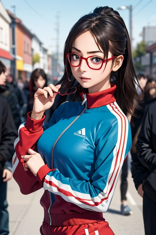 (masterpiece, highest quality), One Girl,  Satou, Satou, Glasses, 赤いフレームのGlasses, Under-rim eyewear, Satou, Glasses, 赤いフレームのGlasses, Under-rim eyewear, Track jacket, Track pants,Head to Chest,