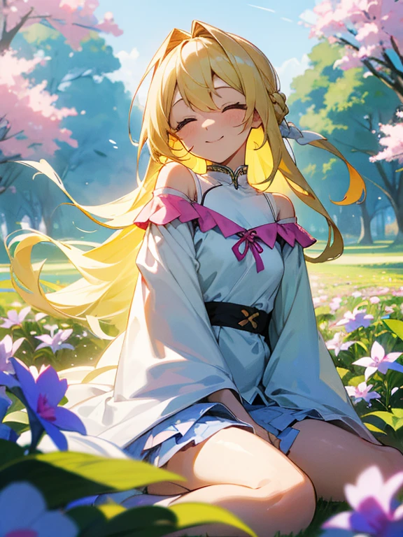 Put on a bright smile、A pretty blonde girl sitting in a wariza in a flower park。She had her long hair blowing in the wind、Surrounding flowers々Surrounded by the scent of。That smile is、As warm as the spring sunshine、Gives a pleasant feeling of happiness。She is such a、White off-shoulder、Wearing a miniskirt、It's like a single flower blooming in the park.。Expand your imagination、What charm will her smile have in this landscape?、Picture it。