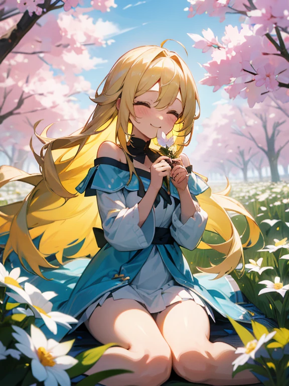 Put on a bright smile、A pretty blonde girl sitting in a wariza in a flower park。She had her long hair blowing in the wind、Surrounding flowers々Surrounded by the scent of。That smile is、As warm as the spring sunshine、Gives a pleasant feeling of happiness。She is such a、White off-shoulder、Wearing a miniskirt、It&#39;s like a single flower blooming in the park.。Expand your imagination、What charm will her smile have in this landscape?、Picture it。