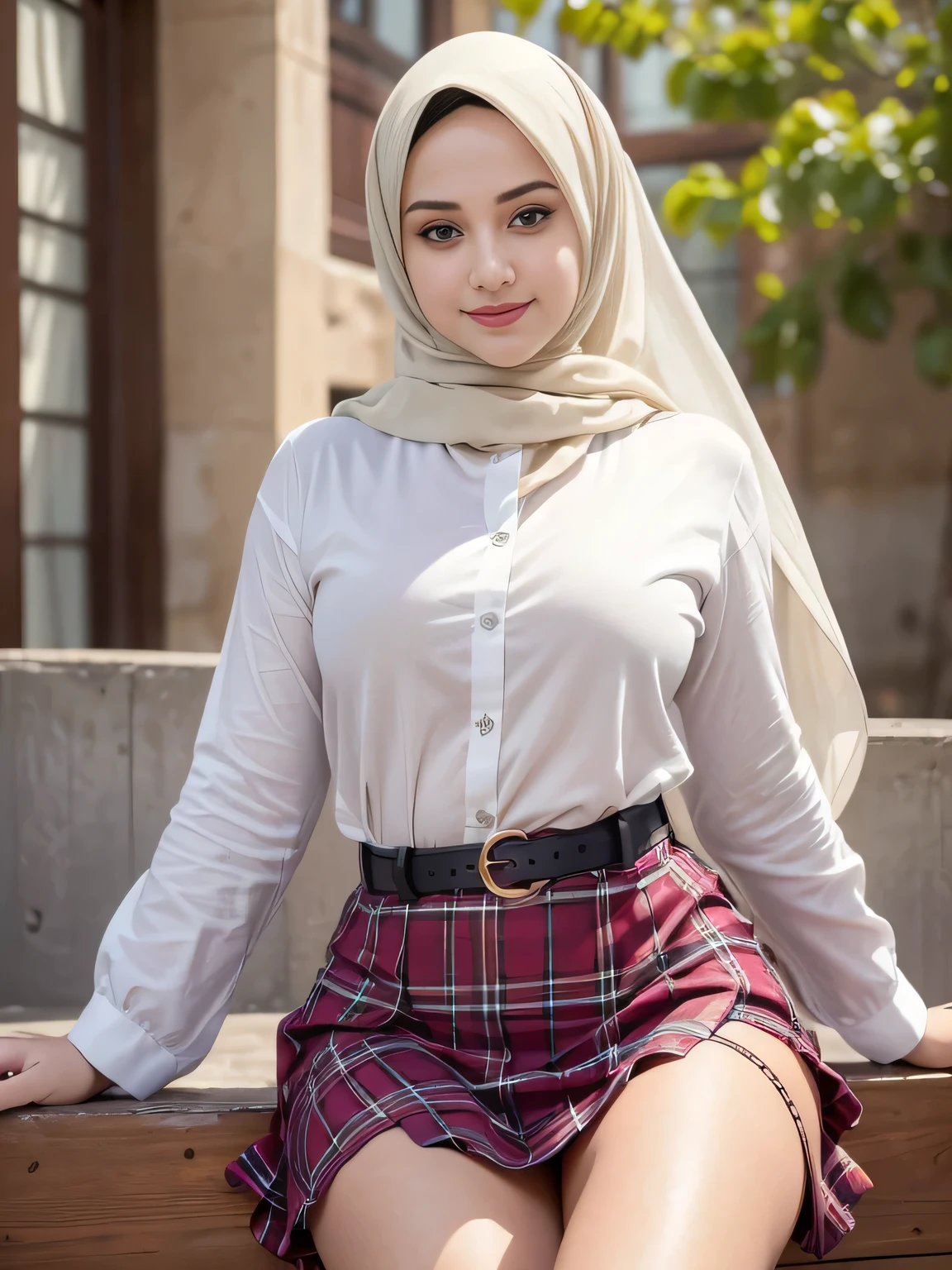 (4k, highres, masterpiece:1.2), ultra-detailed, (realistic:1.37), professional, portrait, Arabian, model, hijab, photo studio, romantic background, beauty, body, sexy, dress, uniform, cosplay, student, plaid mini skirt, white panties, sensual pose, open legs, smile, vivid colors, Bokeh, soft lighting