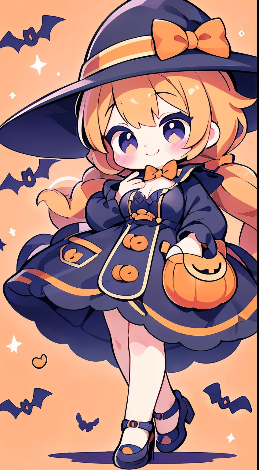 Cute Halloween Theme、full body Esbian、Eye Up、A smile、 wave her hand、Glamorous Hat、Halloween Accessories、Draw clothes buttons and pockets in a Halloween style、Cute shoes、breasts are large