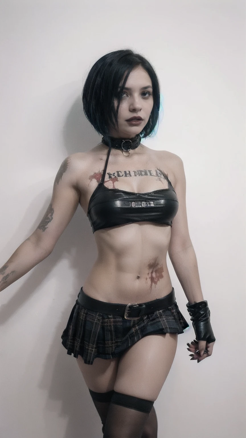 a woman with short black hair, hair on shoulders, wearing a black cropped and plaid skirt, blue eyes, zombie art, gothic art, cute aesthetic with vibe, toon aesthetic, wearing red costume, wearing gothic accessories, look like Cassie Hack, whole body, walking on the skrulls, white background