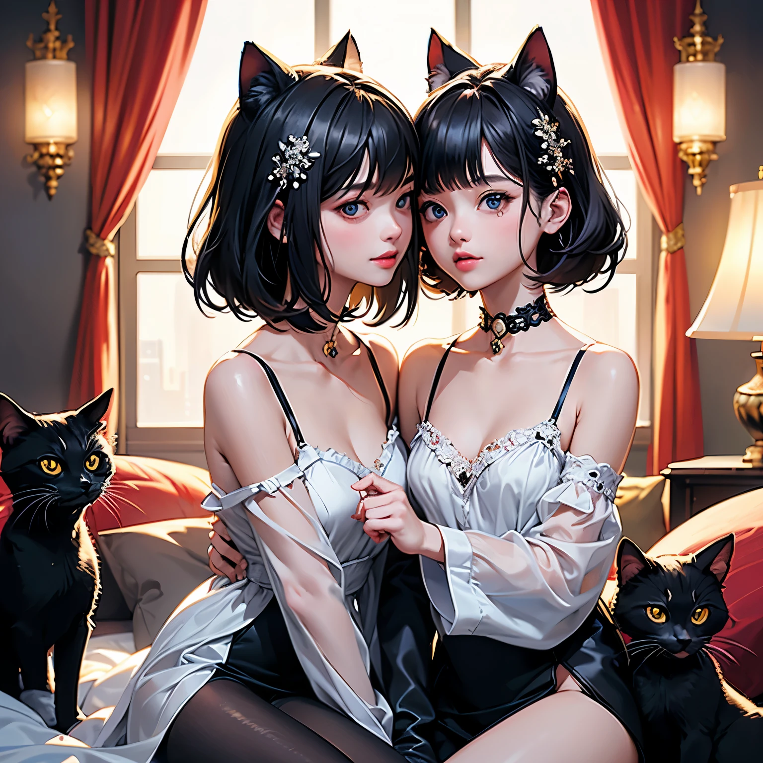 (highest quality, masterpiece, High resolution)、4K Anime Art、(Two Girls)、whole body、 (Detailed depiction of a cute face)、Black Hair、Short Hair、semi-long、Bobcut、Hair Bun、hair ornaments、(Cat ear)、Black Cat Costume、White Cat Costume、choker、(lingerie)、Off the shoulder、sexy mini dress、Captivating smile、Small breasts、(Kiss each other)、Cinematic Light、Soft Light、(indoor、dim、lamp)、(Simple Background)、((Blank background))、