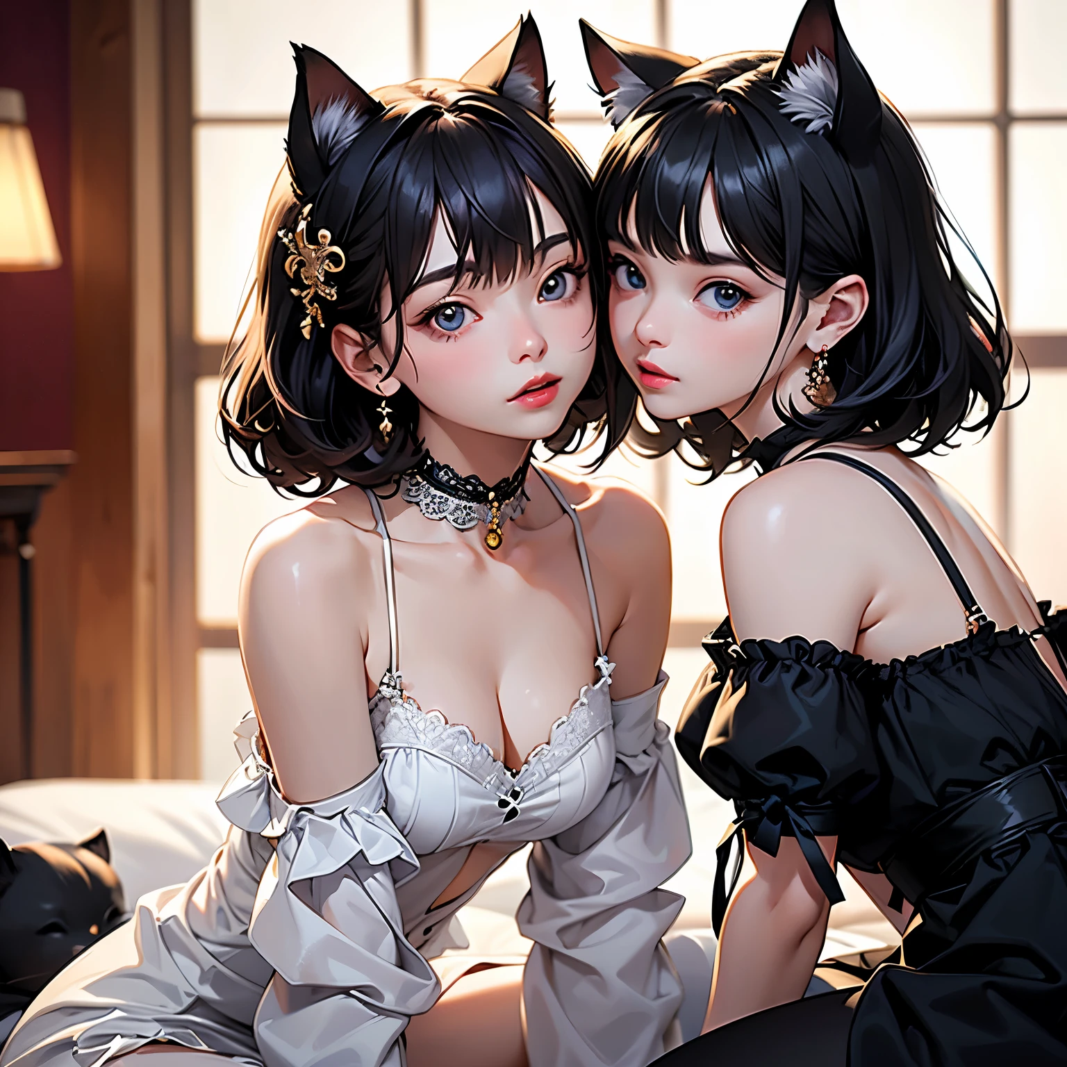 (highest quality, masterpiece, High resolution)、4K Anime Art、(Two Girls)、whole body、 (Detailed depiction of a cute face)、Black Hair、Short Hair、semi-long、Bobcut、Hair Bun、hair ornaments、(Cat ear)、Black Cat Costume、White Cat Costume、choker、(lingerie)、Off the shoulder、sexy mini dress、Captivating smile、Small breasts、(Kiss each other)、Cinematic Light、Soft Light、(indoor、dim、lamp)、(Simple Background)、((Blank background))、