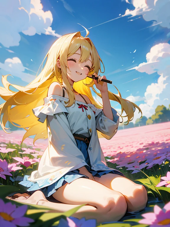 Put on a bright smile、A pretty blonde girl sitting in a wariza in a flower park。She had her long hair blowing in the wind、Surrounding flowers々Surrounded by the scent of。That smile is、As warm as the spring sunshine、Gives a pleasant feeling of happiness。She is such a、White off-shoulder、Wearing a miniskirt、It's like a single flower blooming in the park.。Expand your imagination、What charm will her smile have in this landscape?、Picture it。