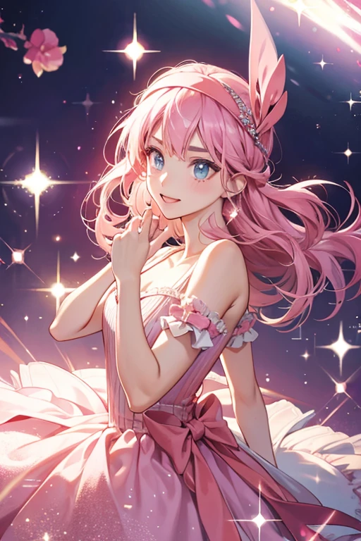 wears a headband, and dresses in pink. SPARKLE; GLITTER
