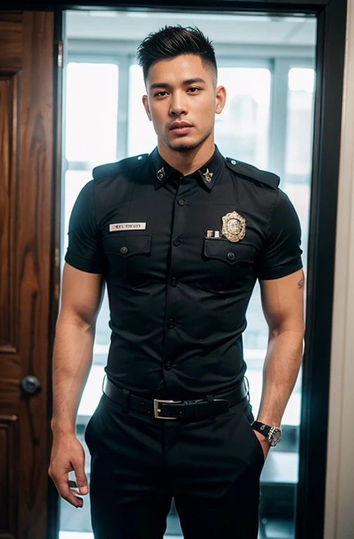 1 young handsome guy,20-22 years old,police officers,Interpol,Police Department,Handsome,musculous,hairy bodies,police uniforms(Fine eye 1:3),Black eyes,full bodyesbian , epic reality , epic photorealistic , ultra realism , photorealistic , only male , only boy , full length shot (fls)