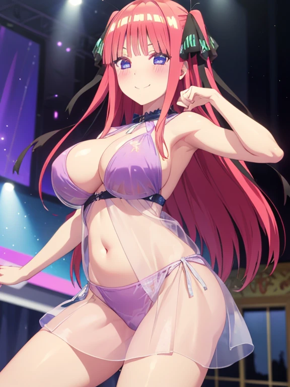 best quality, ultra-detailed masterpiece, nino nakano, large breasts, blush, smile, (See-through clothes), Showing belly, Fear, Prom, Dancing show,