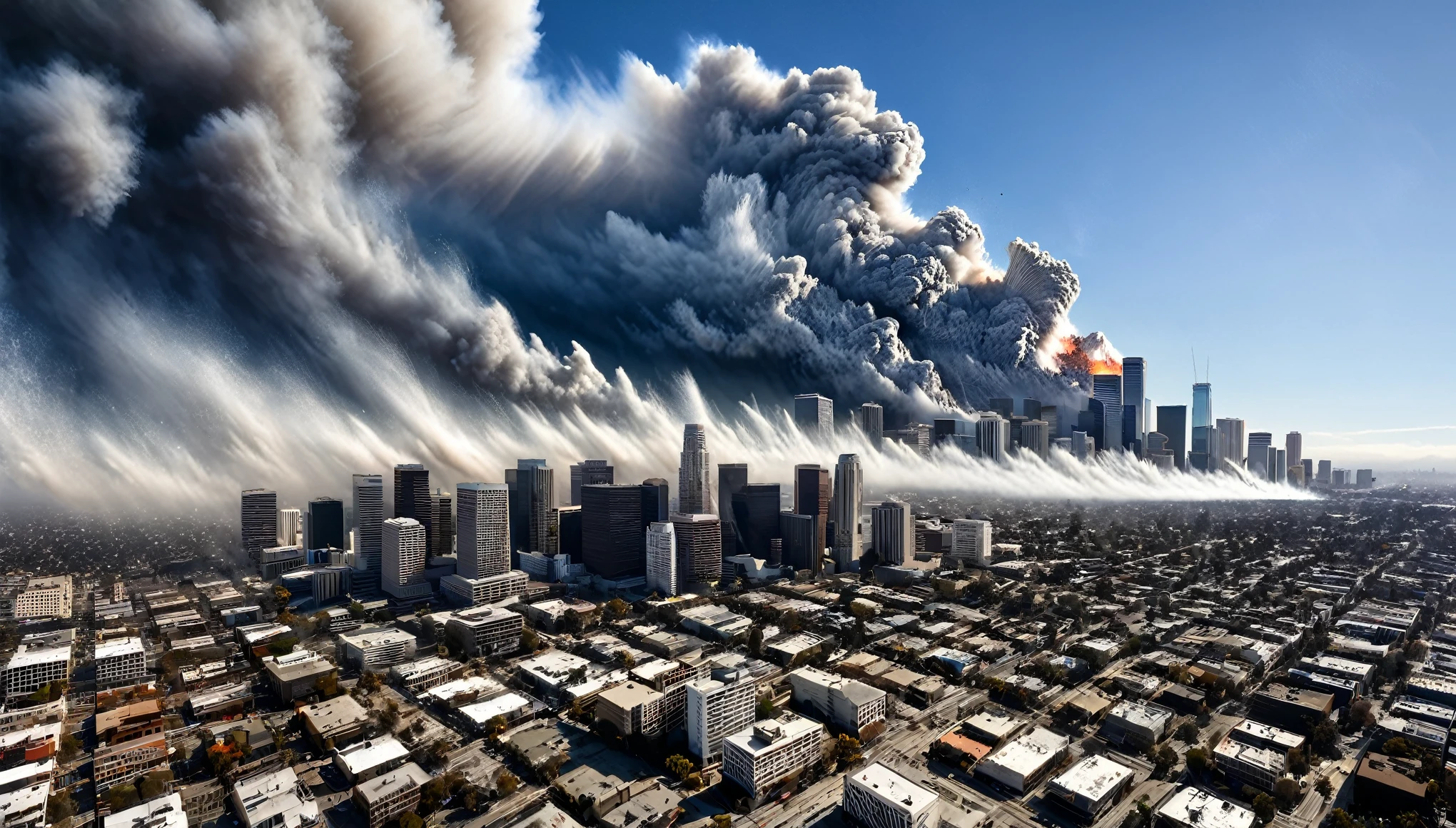 A hyper-realistic image capturing the intense moments of a massive earthquake striking Los Angeles, as cracks rip through the streets and skyscrapers crumble, sending clouds of dust billowing into the sky.