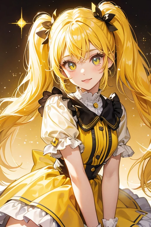 has the two pigtails, and wears yellow. SPARKLE; GLITTER