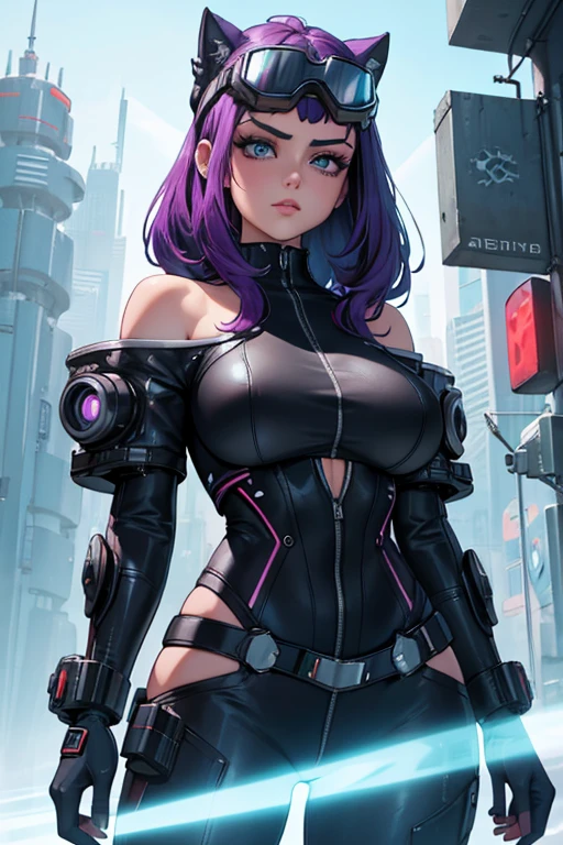 Close-up of a woman in a futuristic off-the-shoulder outfit with goggles on her head, Fantasy Artwork, Attention to detail, Cyberpunk art、8k、RAW Photos、highest quality、Real、Photorealistic、Professional Lighting、mix4、20d、Beautiful age Woman、Japanese、1 female、Big beautiful eyes、Larger breasts、whole body、