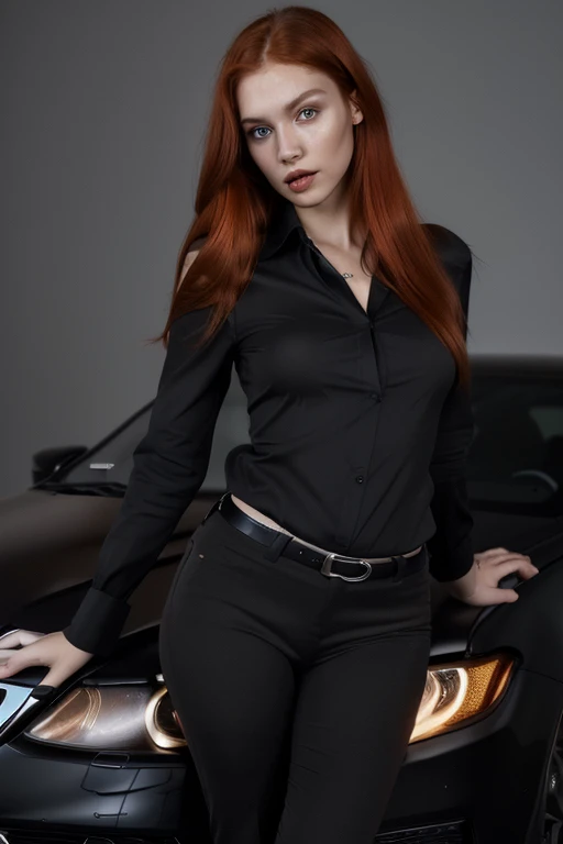 (best quality,highres),portraits,vivid colors,beautiful detailed eyes,beautiful detailed lips,red hair,brown eyes,black blouse,black pants,slender,tall,excellent appearance,posing for a photo,leaning against a luxury car