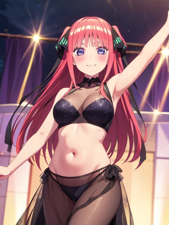 best quality, ultra-detailed masterpiece, nino nakano, blush, smile, (See-through clothes), Showing belly, Fear, Prom, Dancing show,