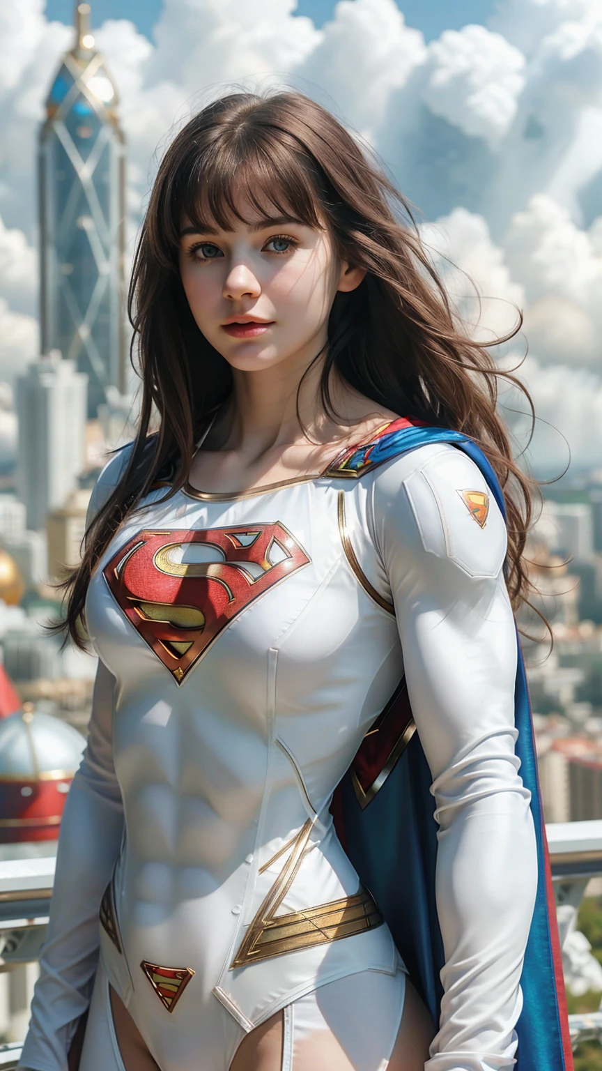 1 Girl, Beautiful, Russian Baby Face, 20 Years Old, White Skin, Large Colossal Chests, Posing, Cleavage, Sleeveless, ((Realistic Superman Suit)), ((Superman Cosplay)), ((muscles:1.3)), Top of The Mountain Background, Sexy Look, ((bokeh:1.1)), Very Long Hair, Hair Bangs, False Colour