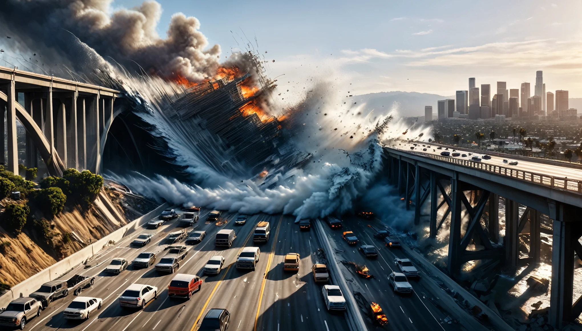 A hyper-realistic image capturing the intense moments of a massive earthquake striking Los Angeles, as cars tumble off buckling highways and bridges collapse into rivers below, amidst a backdrop of chaos and destruction.