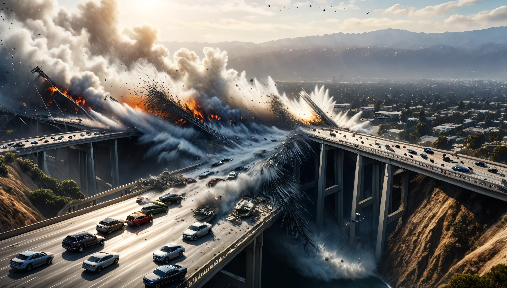 A hyper-realistic image capturing the intense moments of a massive earthquake striking Los Angeles, as cars tumble off buckling highways and bridges collapse into rivers below, amidst a backdrop of chaos and destruction.
