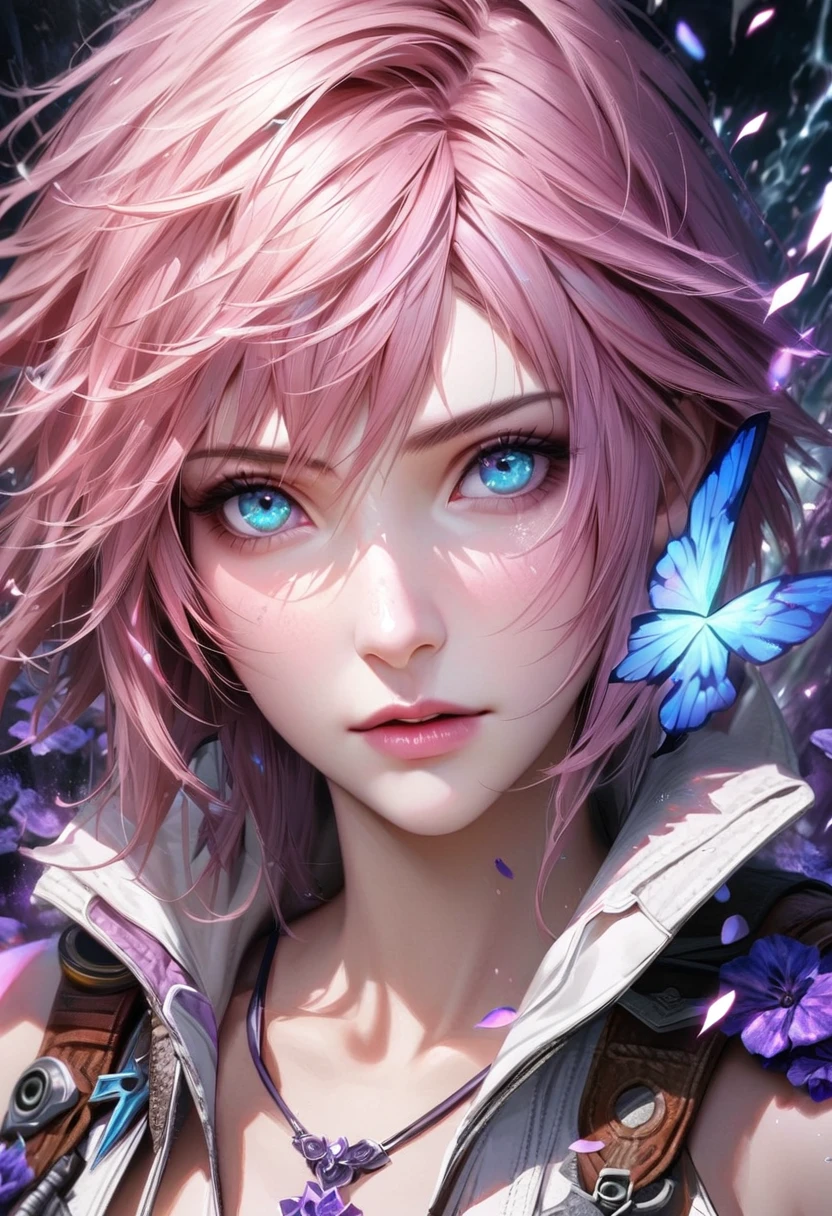 Ultra detailed, HDR, Highres, absurdres, master piece, Claire Farron, wavy pink short hair, expressive pale aqua eyes, Final Fantasy XIII, purple glittering butterflies, purple ice, petals, purple ice roses, woman, solo, extremely detailed face and eyes, extremely beautiful, glittering, water, Lightning Farron, realistic face, white clothes
