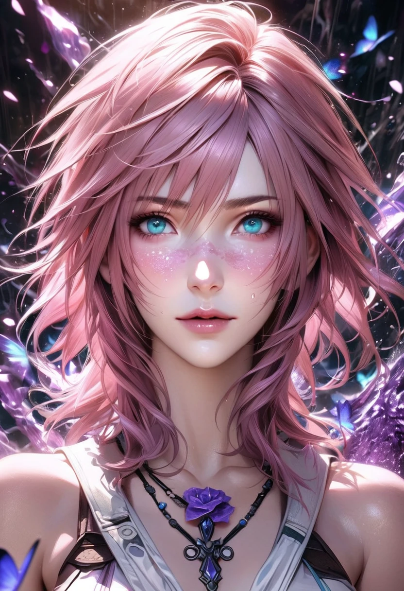 Ultra detailed, HDR, Highres, absurdres, master piece, Claire Farron, wavy pink short hair, expressive pale aqua eyes, Final Fantasy XIII, purple glittering butterflies, purple ice, petals, purple ice roses, woman, solo, extremely detailed face and eyes, extremely beautiful, glittering, water, Lightning Farron, realistic face, white clothes