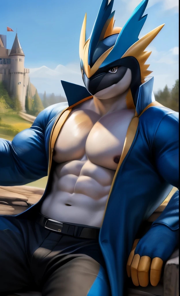 (((Empoleon \(pokemon\)))), anthro, full body shot, (penguin), (((open suit))), ((black pants)), showing pecs, male, solo, adult, ((muscular abs)), ((huge pecs)), ((nipples)), high details, (golden trident in head), beautiful eyes, detailed eyes, older, flexing huge biceps, detailed muscles, (castle), detailed face, smiling, looking at viewer, (serious face), bodybuilder body, huge muscles, hunk, beefy by bruteandbrawn, by raccoon21, by personalami, by chunie, by kenket, (intricate, high detail, film photography, soft focus, RAW candid cinema, photorealism, realistic, photorealistic, analog style, subsurface scattering, masterpiece, best quality, ultra realistic, 8k)