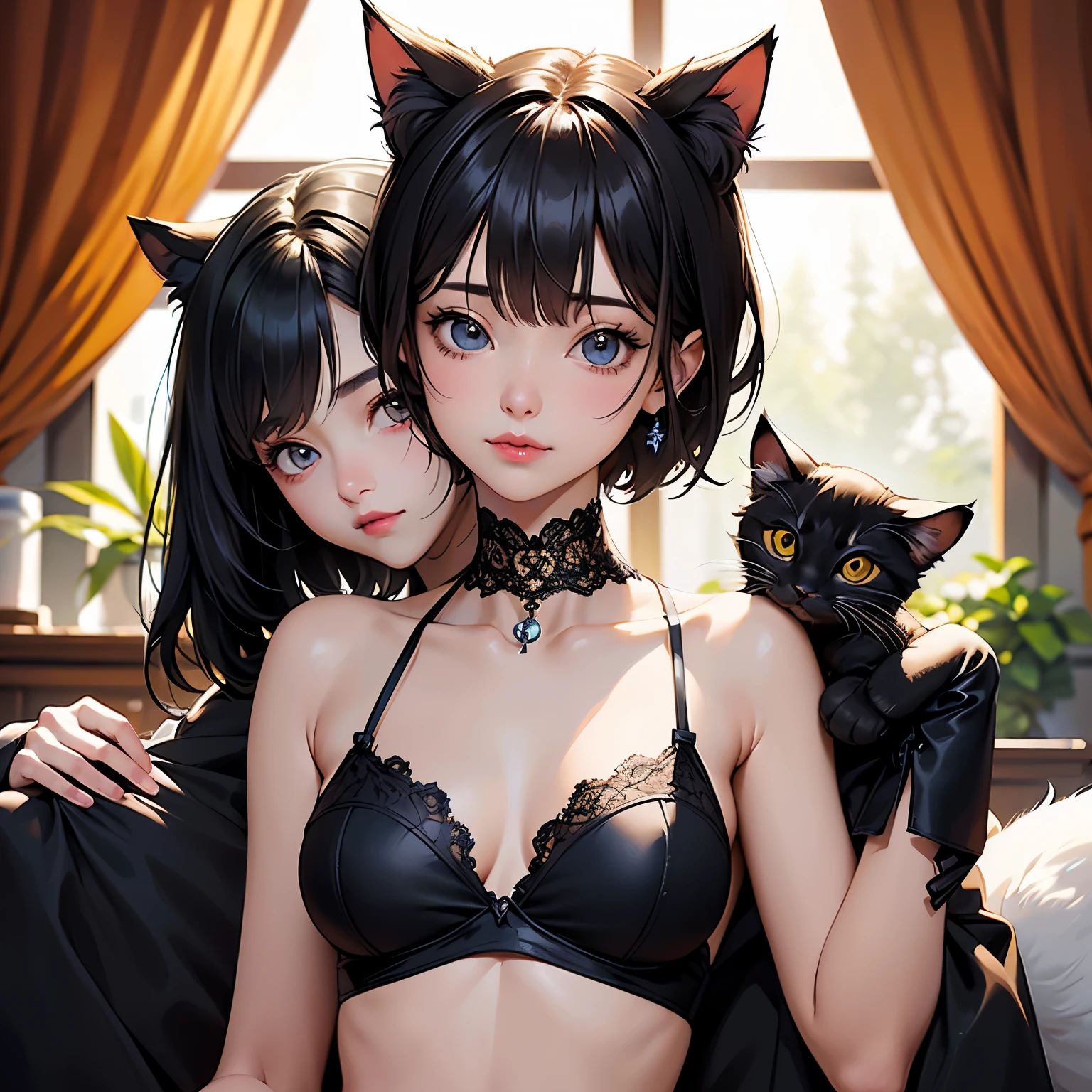 (highest quality, masterpiece, High resolution)、4K Anime Art、(Two Girls)、whole body、 (Detailed depiction of a cute face)、Black Hair、Short Hair、semi-long、Bobcut、Hair Bun、hair ornaments、(Cat ear)、Black Cat Costume、White Cat Costume、choker、(lingerie)、sexy mini dress、Captivating smile、Small breasts、(Kiss each other)、Cinematic Light、Soft Light、(indoor、dim、lamp)、(Simple Background)、((Blank background))、