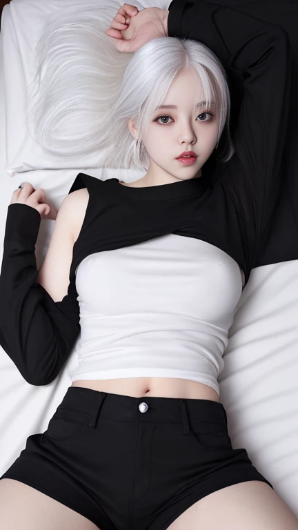 Female college student,sexy,white hair,Wear a black, long-sleeved, bare-shouldered t-shirt.,Wear black shorts,Lying in a sexy position,On a Japanese style bed