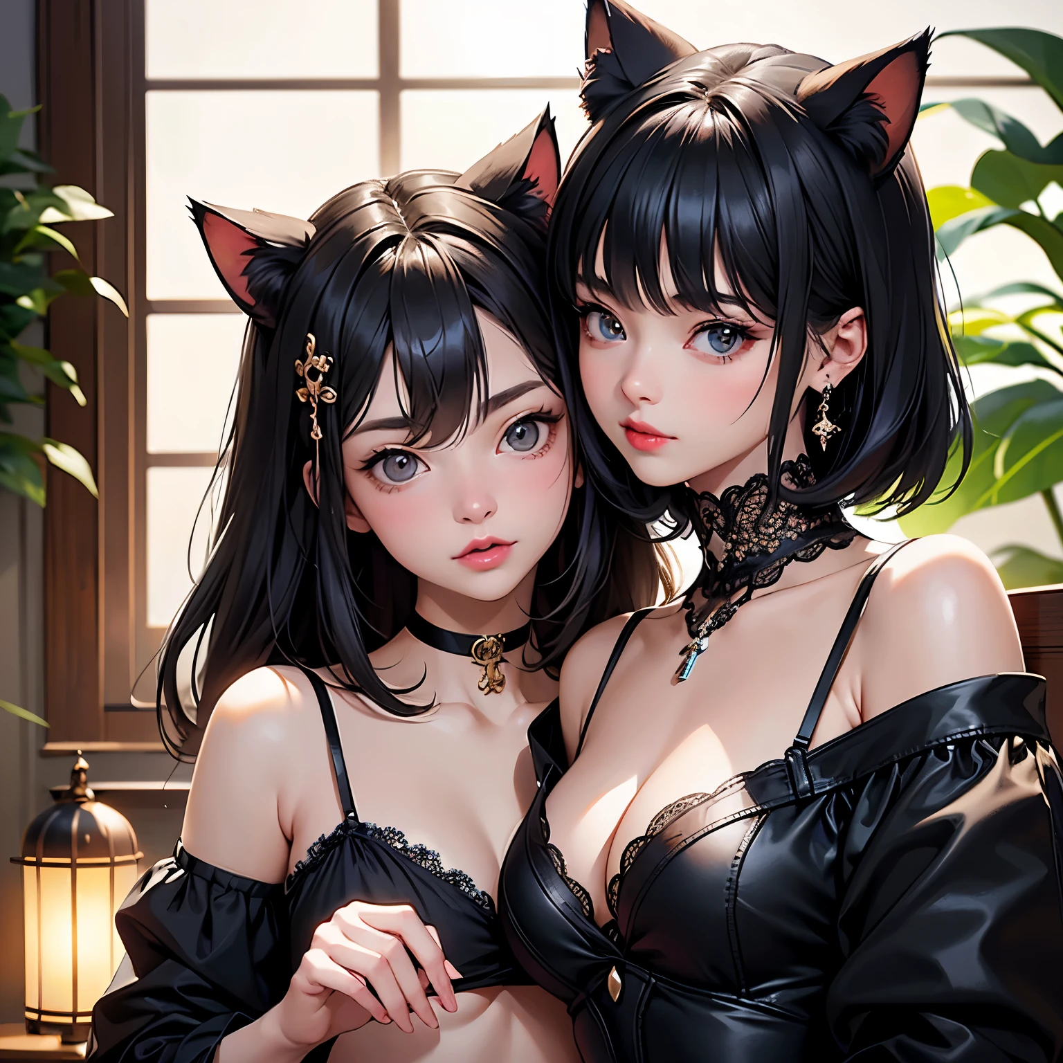 (highest quality, masterpiece, High resolution)、4K Anime Art、(Two Girls)、whole body、 (Detailed depiction of a cute face)、Black Hair、Short Hair、semi-long、Bobcut、Hair Bun、hair ornaments、(Cat ear)、Black Cat Costume、White Cat Costume、choker、(lingerie)、sexy mini dress、Captivating smile、Small breasts、(Kiss each other)、Cinematic Light、Soft Light、(indoor、dim、lamp)、(Simple Background)、((Blank background))、