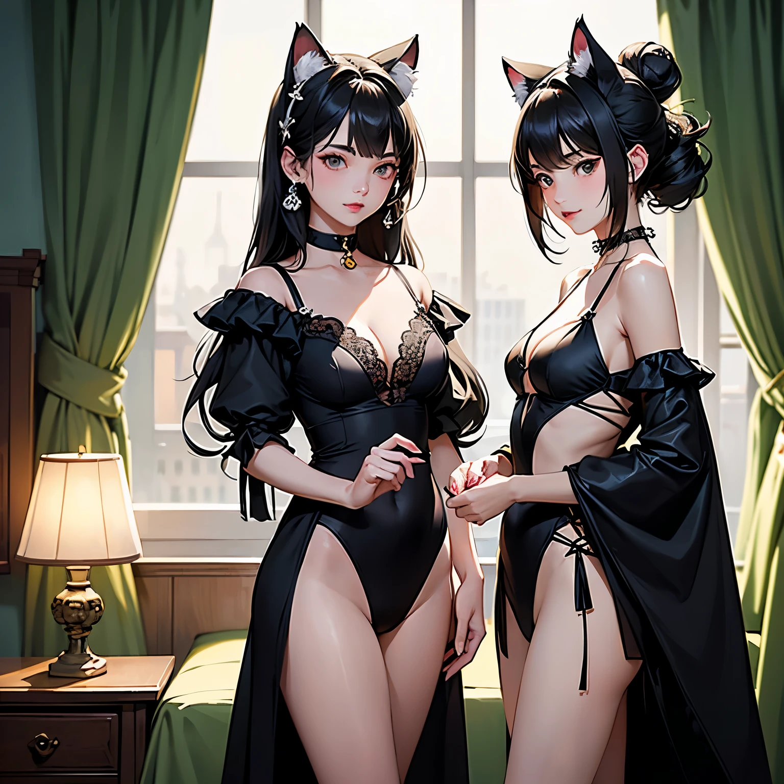 (highest quality, masterpiece, High resolution)、4K Anime Art、(Two women、20-year-old)、whole body、 (Detailed depiction of a cute face)、Black Hair、Short Hair、semi-long、Bobcut、Hair Bun、hair ornaments、(Cat ear)、Black Cat Costume、White Cat Costume、choker、(lingerie)、y mini dress、Captivating smile、Small brewo people standing close together)、Cinematic Light、Soft Light、(indoor、dim、lamp)、(Simple Background)、((Blank background))、