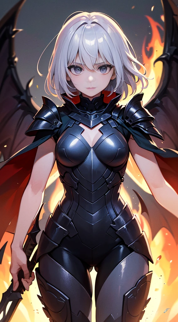 ((Ultra-fine illustrations, 8k, masterpiece :1.2, Sharp focus :1.2, Depth of written boundary:1.2)), Beautiful female swordsman, Disorganized, Highly detailed face and skin texture, Silver Hair, Jet Black Armor, Flame Armor, Cloak on Fire, Flaming Sword, Wings of Fire, Determination to overcome sadness, There's a sign of determination in your gentle eyes , Strong Soul、Full Body Shot
